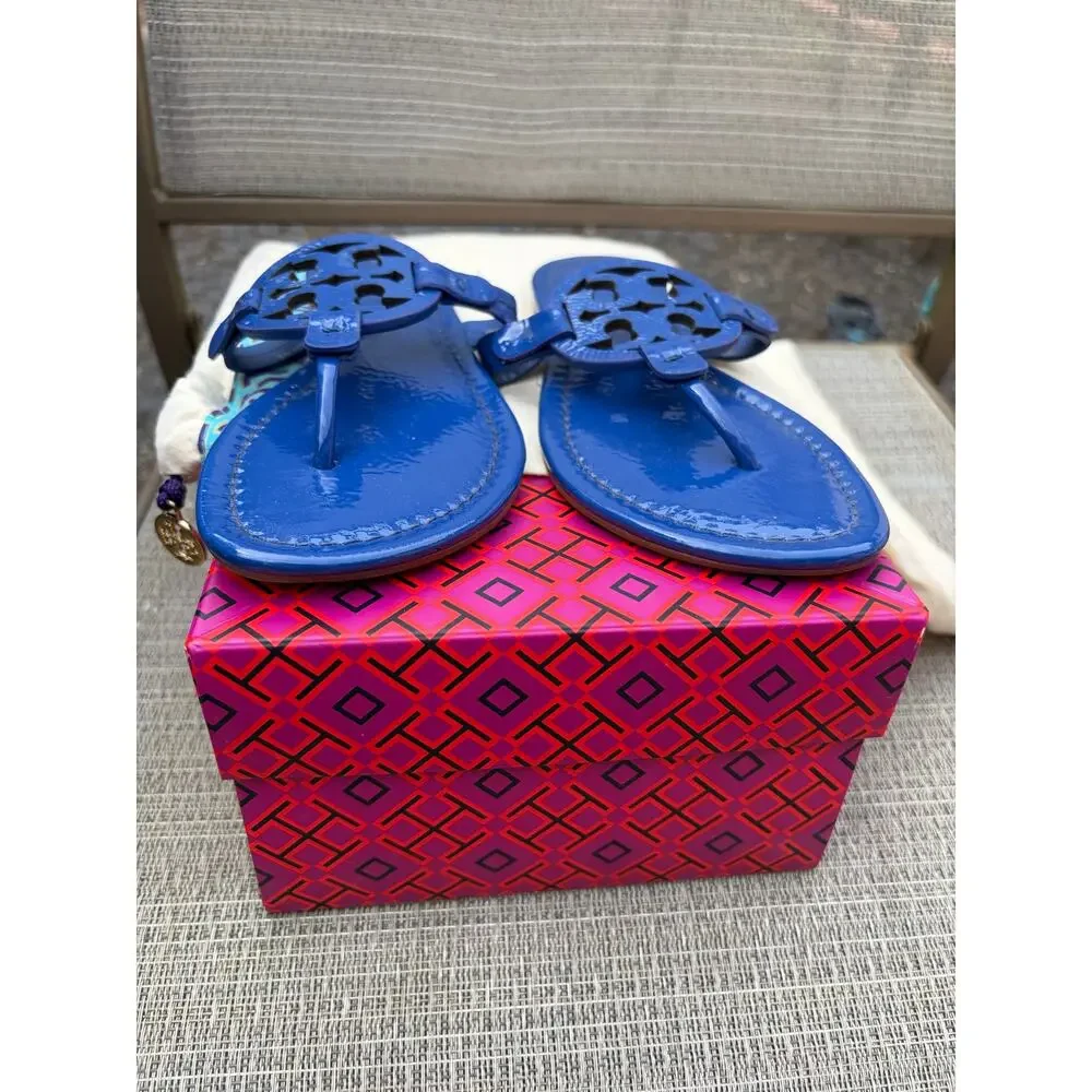 Tory Burch Miller Naplak Patent Leather Sandal Nautical Blue Thong Flat 6.5